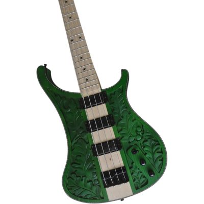 Custom Nova Lemmy Kilmister 4004 Green Finish Natural Hand Carved Oak Leaf 4 String Bass