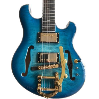 Custom Vesper Languedoc Region Fhole Bigsby Transparent Blue Spalted Maple Bracing Inside Guitar