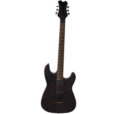 Custom Obsidian Carved Skull Floyd Rose Tremolo Kirk Distressed Burned Natural Wood Red Charcoal Wash Guitar - Image 2