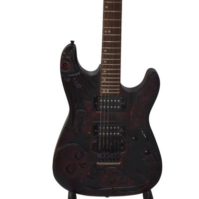 Custom Obsidian Carved Skull Floyd Rose Tremolo Kirk Distressed Burned Natural Wood Red Charcoal Wash Guitar