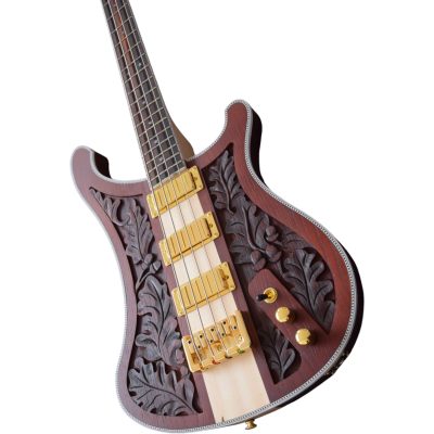 Custom Nova Lemmy Kilmister 4004 Walnut Finish Natural Hand Carved Oak Leaf 4 String Bass - Image 7