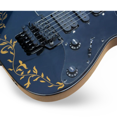 Custom Axis Jai Onyx Black Gold Vine Leaf Floral Graphic Pia Petal Grip Guitar - Image 3