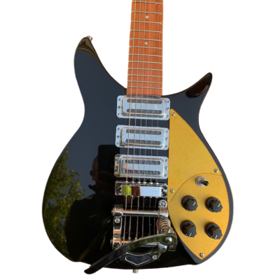 Custom Nova Black Jetglo 325C64 21 Inch Scale Length 6 String Padauk Fretboard Guitar Gold Pickguard