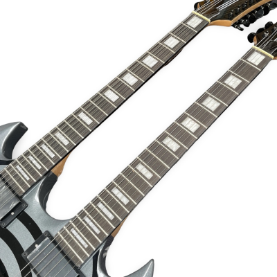 Custom Titan Barbarian Double Neck Silver Black Vertigo Bullseye Wylde 12 6 String Electric Guitar - Image 2