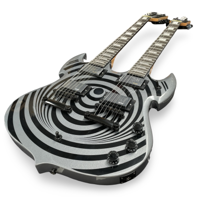 Custom Titan Barbarian Double Neck Silver Black Vertigo Bullseye Wylde 12 6 String Electric Guitar - Image 3