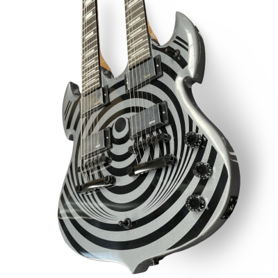 Custom Titan Barbarian Double Neck Silver Black Vertigo Bullseye Wylde 12 6 String Electric Guitar
