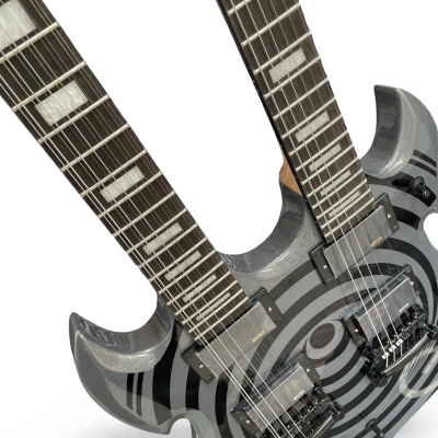 Custom Titan Barbarian Double Neck Silver Black Vertigo Bullseye Wylde 12 6 String Electric Guitar - Image 5