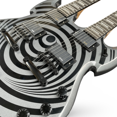 Custom Titan Barbarian Double Neck Silver Black Vertigo Bullseye Wylde 12 6 String Electric Guitar - Image 6