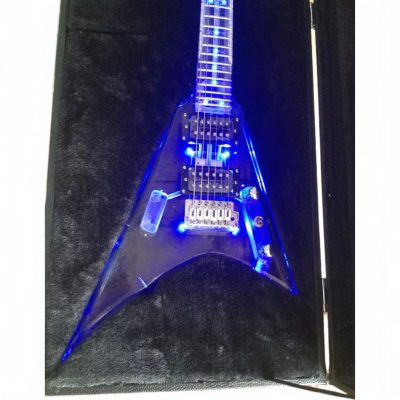 Custom Race Kirk Flying V Plexiglass Acrylic Translucent Body Neck LED Blue Guitar