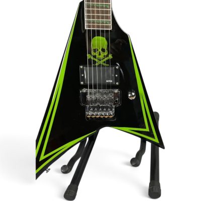 Custom Obsidian Flying V Alexi Laiho Gloss Black Lime Green Pinstripes Floyd Rose Tremolo Guitar Children of Bodom Skull - Image 6