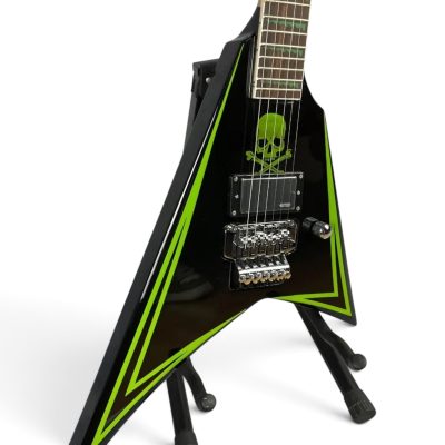 Custom Obsidian Flying V Alexi Laiho Gloss Black Lime Green Pinstripes Floyd Rose Tremolo Guitar Children of Bodom Skull - Image 2