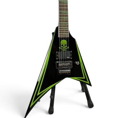 Custom Obsidian Flying V Alexi Laiho Gloss Black Lime Green Pinstripes Floyd Rose Tremolo Guitar Children of Bodom Skull
