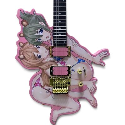 Custom Obsidian Beautiful Girls Twin Anime Graphic Burst Hot Pink 6 String Electric Guitar Floyd Rose Tremolo