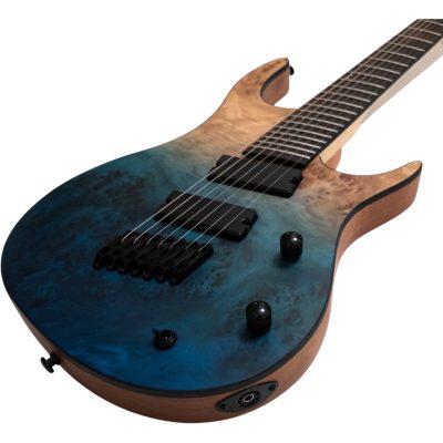Custom Ironroot HB Trans Blue Poplar Burl Top Multi Scale Fanned Frets 7 String Bass 25.5-27 Inch