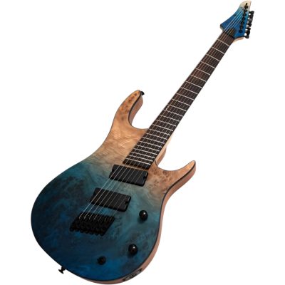 Custom Ironroot HB Trans Blue Poplar Burl Top Multi Scale Fanned Frets 7 String Bass 25.5-27 Inch - Image 3