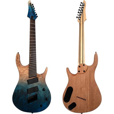Custom Ironroot HB Trans Blue Poplar Burl Top Multi Scale Fanned Frets 7 String Bass 25.5-27 Inch - Image 2