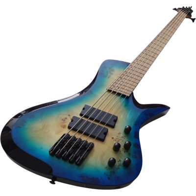 Custom Ironroot Blue Burst Droc Poplar Burl Top Veneer Multi Scale Fanned Frets 5 String Bass - Image 2