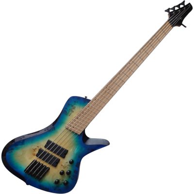 Custom Ironroot Blue Burst Droc Poplar Burl Top Veneer Multi Scale Fanned Frets 5 String Bass - Image 3