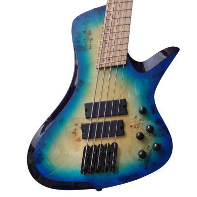Custom Ironroot Blue Burst Droc Poplar Burl Top Veneer Multi Scale Fanned Frets 5 String Bass