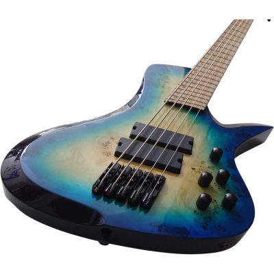 Custom Ironroot Blue Burst Droc Poplar Burl Top Veneer Multi Scale Fanned Frets 5 String Bass - Image 5