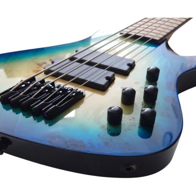 Custom Ironroot Blue Burst Droc Poplar Burl Top Veneer Multi Scale Fanned Frets 5 String Bass - Image 6