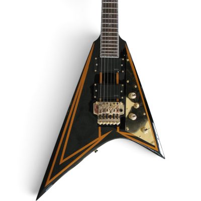 Custom Obsidian Flying V Alexi Laiho Black Yellow Bevels Floyd Rose Tremolo Guitar