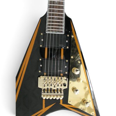 Custom Obsidian Flying V Alexi Laiho Black Yellow Bevels Floyd Rose Tremolo Guitar - Image 6