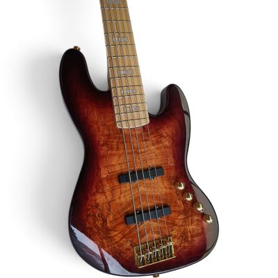 Custom Regent Tobacco Sunburst Burl Maple Top Marcus Miller 5 String Bass - Image 3