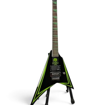 Custom Obsidian Flying V Alexi Laiho Gloss Black Lime Green Pinstripes Floyd Rose Tremolo Guitar Children of Bodom Skull - Image 7