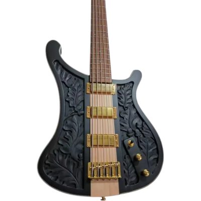Custom Nova Lemmy Kilmister 4004 Black Finish Natural Hand Carved Oak Leaf 5 String Bass