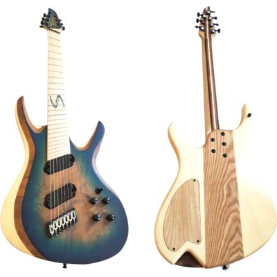 Custom Ironroot HB QEB Trans Blue Birdseye Multi Scale Fanned Frets 8 String Bass - Image 4