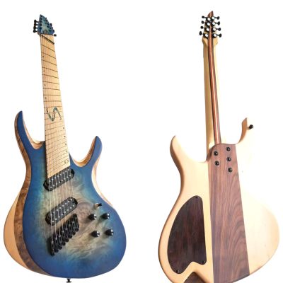 Custom Ironroot HB QEB Trans Blue Birdseye Multi Scale Fanned Frets 8 String Bass - Image 5