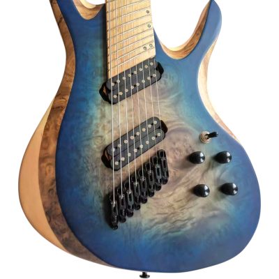 Custom Ironroot HB QEB Trans Blue Birdseye Multi Scale Fanned Frets 8 String Bass
