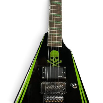 Custom Obsidian Flying V Alexi Laiho Gloss Black Lime Green Pinstripes Floyd Rose Tremolo Guitar Children of Bodom Skull - Image 4