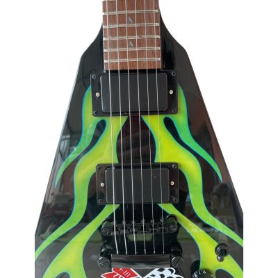 Custom Obsidian Hetfield Green Flames Fuel Injection Design Flying V Electric Guitar - Image 3