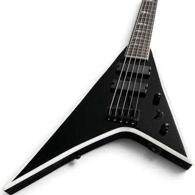 Custom Race Flying V Dave Mustaine Gloss Black White Bevels 5 String Bass - Image 3