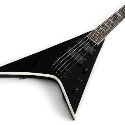 Custom Race Flying V Dave Mustaine Gloss Black White Bevels 5 String Bass - Image 5
