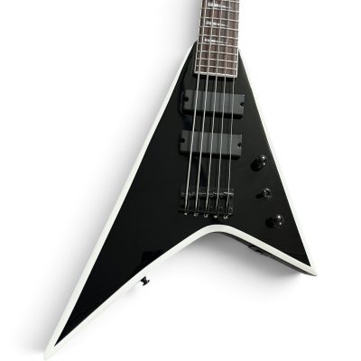 Custom Race Flying V Dave Mustaine Gloss Black White Bevels 5 String Bass - Image 7