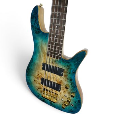 Custom Axis SR Cerulean Blue Burst Burl Top 5 String Bass - Image 5