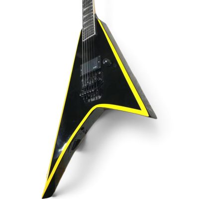 Custom Obsidian Flying V Alexi Laiho Gloss Black Yellow Bevel Floyd Rose Tremolo Guitar Children of Bodom Skull - Image 6