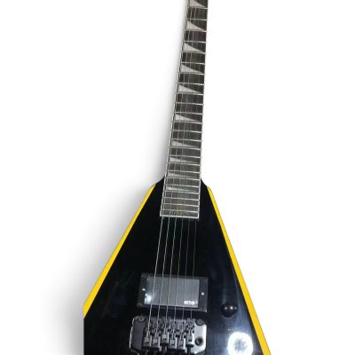 Custom Obsidian Flying V Alexi Laiho Gloss Black Yellow Bevel Floyd Rose Tremolo Guitar Children of Bodom Skull - Image 7