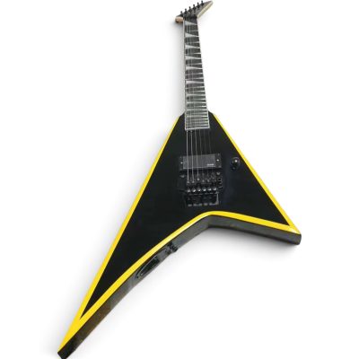 Custom Obsidian Flying V Alexi Laiho Gloss Black Yellow Bevel Floyd Rose Tremolo Guitar Children of Bodom Skull
