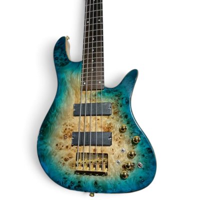 Custom Axis SR Cerulean Blue Burst Burl Top 5 String Bass