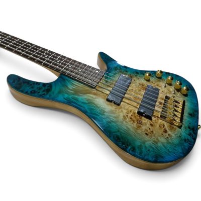 Custom Axis SR Cerulean Blue Burst Burl Top 5 String Bass - Image 6