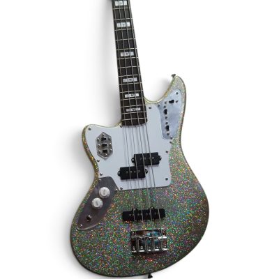 Custom Regent Silver Sparkle Finish Jaguar 4 String Bass Blue LED Fret Markers - Image 2