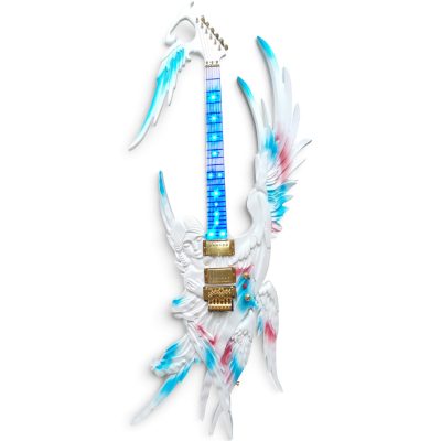 Custom Obsidian Alfee Carve Engraved Angel Sword Guitar Floyd Rose Tremolo LED Pearl White Blue Pink Angelic Airbrushing