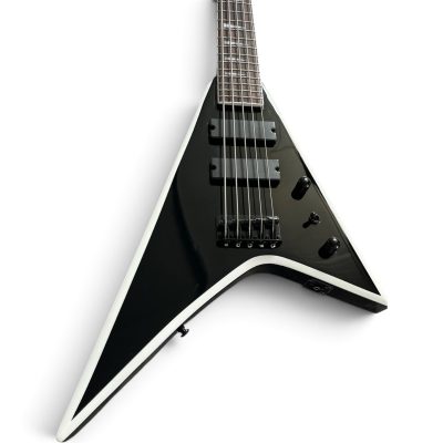 Custom Race Flying V Dave Mustaine Gloss Black White Bevels 5 String Bass