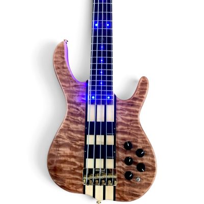 Custom Denver Smith Elite BSR Natural Quilted Maple 5 String Bass LED Blue