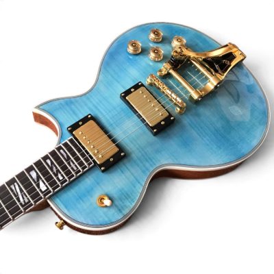 Custom Crown Caribbean Blue Burst Flamed Maple Top Bigsby Electric Guitar - Image 2