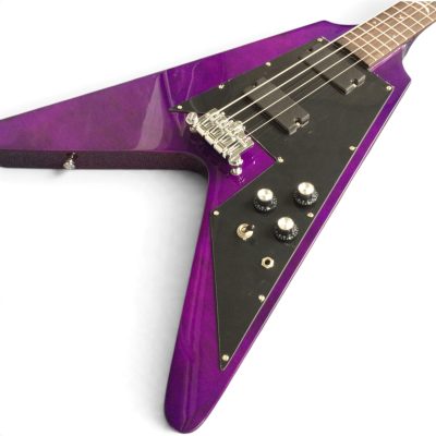 Custom Crown Korina Flying V Transparent Purple Finish 4 String Bass Crescent Moon Inlay Kirk Hammett - Image 2